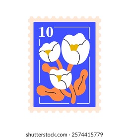 Post stamp with floral design. Blooming flower, blossomed plant branch on postal mark for letter, mail. Spring and summer nature, postage card Flat vector illustration isolated on white background