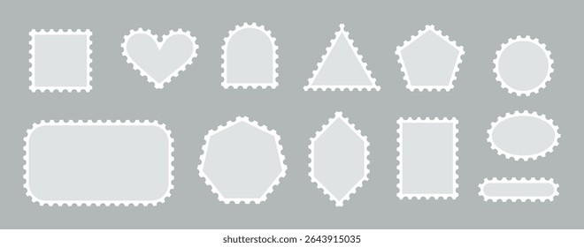 Post stamp frames or borders. Round, square, triangle template for mail, postcard, letter. Jagged edge form or object for banner, badge, sticker.
