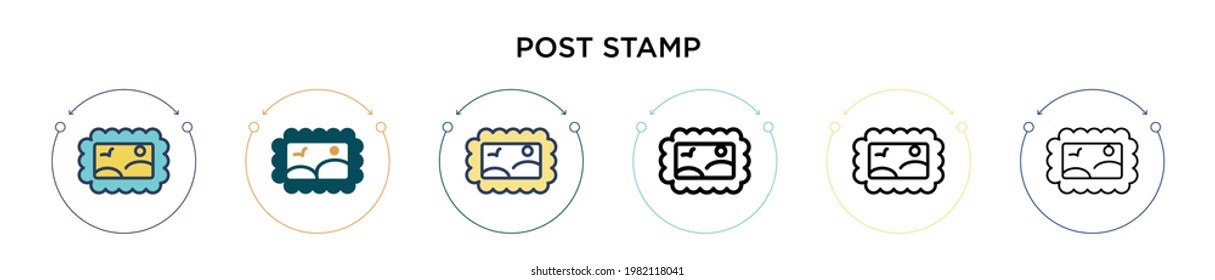 Briefmarkensymbol in gefüllter, dünner Linie, Umriss- und Strichstil ablegen. Vektorgrafik von zwei farbigen und schwarzen Poststempelsymbolen, die Vektorgrafiken zeichnen, kann für mobile, i, web-basierte