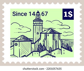 marca postal o imprenta con precio y paisaje. Vista de la ciudad, paisaje urbano con puntos de referencia y visión, arquitectura. Diseño de marca postal, sello postal en contorno de esbozo monocromo. Vector de estilo plano