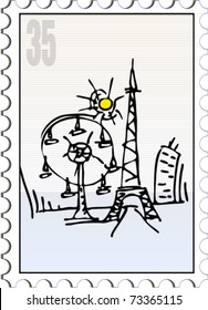 Post stamp with ink pen drawing
