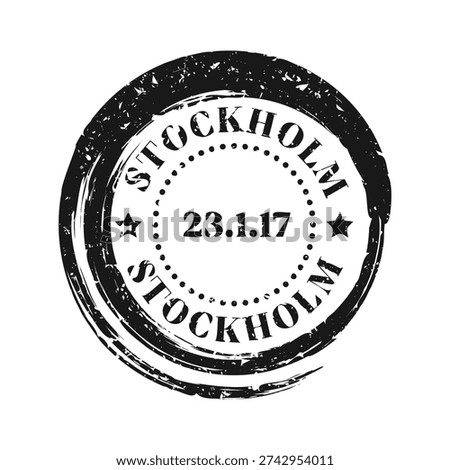 Post stamp, label or badge. Grunge imprint and postmark with text. Brown vintage circle postcard watermark. Used envelope design element. Vector illustration