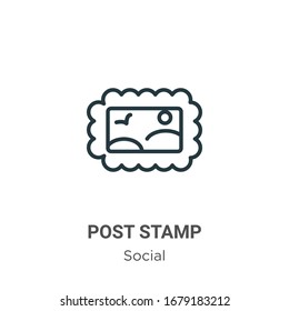 Post stamp outline vector icon. Thin line black post stamp icon, flat vector simple element illustration from editable social concept isolated stroke on white background
