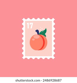 Post stamp with peachy vector flat illustration. Postage mail stamp, postmark. Fun postage stamp vector designs for using on envelopes. Mail and post office concept.