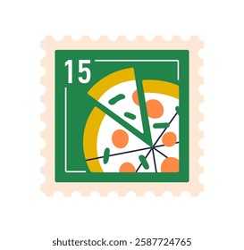 Post stamp with pizza. Italian cuisine, postal letter mark. Italy food, gastronomy tourism, philately card, travel postage souvenir. Flat vector illustration isolated on white background