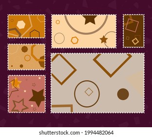 Post Stamp. Set of abstract stamps for delivering correspondence, letters or postcards. Collection from colored, isolated rectangular geometric shapes. Vector illustration
