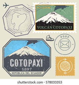 Post Stamp Set With The Cotopaxi Volcano, Active Stratovolcano In The Andes Mountains, Ecuador. Adventure Outdoor Expedition Mountain Vector Illustration