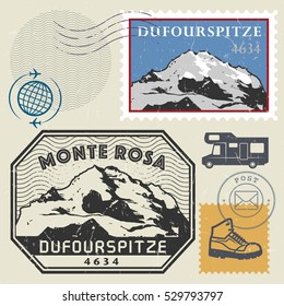 Post stamp set with the Dufourspitze, second-highest mountain of the Alps and Europe, Adventure outdoor, Expedition mountain, vector illustration