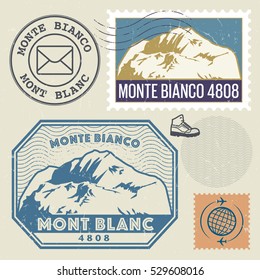 Post stamp set with the Mont Blanc (Monte Bianco), highest mountain in the Alps, Adventure outdoor, Expedition mountain, vector illustration