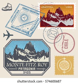 Post stamp set with the Monte Fitz Roy is a mountain located in the South Patagonia, outdoor, expedition mountain adventure signs, vector illustration