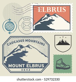 Post stamp set with the Mount Elbrus, highest mountain in Russia and in Europe, Adventure outdoor, Expedition mountain, vector illustration