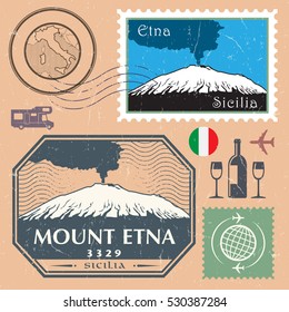 Post stamp set with the Mount Etna, active stratovolcano on the east coast of Sicily, Italy. Adventure outdoor, Expedition mountain, vector illustration