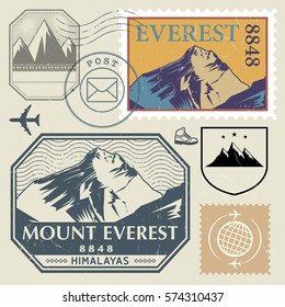 Post stamp set with the Mount Everest in the Himalayas, outdoor, expedition mountain adventure signs, vector illustration