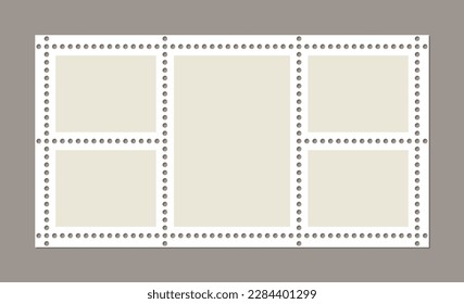 Post stamp is shown alongside blank frames of postage stamps. Empty postal shapes border set included, with a collection of paper postmarks suitable for mailing letters. Vector illustration