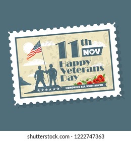 Post stamp with Soldiers holding an American flag. Veterans Day.