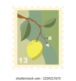 Post stamp with sprig with lemon and flower buds cartoon illustration. Beautiful cute postage stamp on nature theme for envelopes. Mail, post office concept