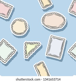 Post stamp stickers seamless pattern. Colorful label background