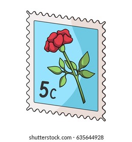 Post stamp for sticking on envelopes. Postage stamp with rose. The stamp of the postage stamp is blue.Mail and postman single icon in cartoon style vector symbol stock illustration web.