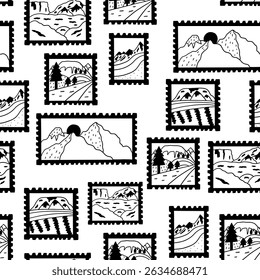 Post stamp verão montanha preto doodle padrão sem costura. Papel de parede do adesivo de cartão postal de viagem. Ilustração vetorial