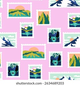 Post sello de verano de montaña doodle patrón sin fisuras. Fondo de pantalla de la etiqueta engomada de la postal del viaje. Ilustración vectorial
