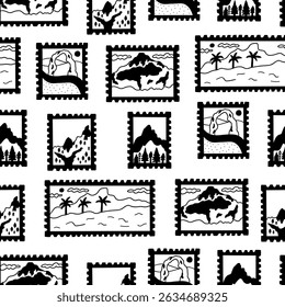 Post stamp summer mountain doodle cute seamless pattern. Travel postcard sticker wallpaper. Vector illustration