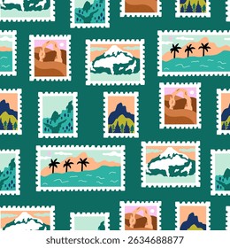 Post stamp summer mountain funny seamless pattern. Travel postcard sticker wallpaper. Vector illustration