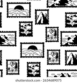 Post stamp summer mountain funny doodle seamless pattern. Travel postcard sticker wallpaper. Vector illustration