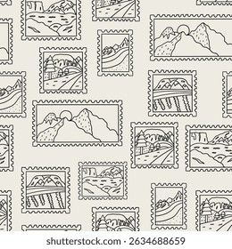 Post stamp summer mountain line seamless pattern. Travel postcard sticker wallpaper. Vector illustration