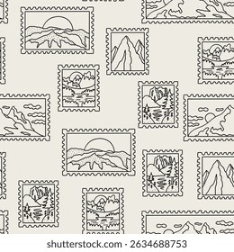 Post sello de verano de la línea de montaña de arte sin patrón. Fondo de pantalla de la etiqueta engomada de la postal del viaje. Ilustración vectorial