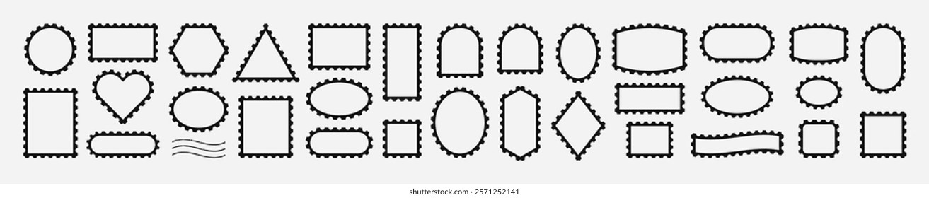 Post Stamp Vector Frames Set. Postal Shapes Border. Vintage Postage Stamp Triangle, Rectangle, Oval, Circle, Square, Heart, Ellipse, Arch. Postmark Blank Template For Letter, Post Card, Web Design.