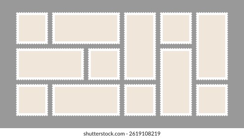 Post stamp vector set. Postcard corner delivery mark. Perforated border and rectangular square shape label. Scrapbook travel sticker, Vintage mail envelope seal. Retro shipping package postage clipart