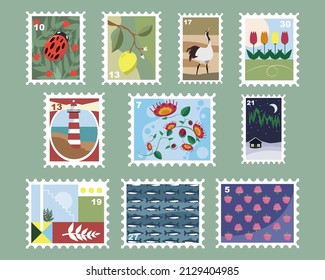 Post stamps with animals and plants cartoon illustration set. Collection of beautiful cute postage stamps on nature theme for envelopes. Mail, post office concept