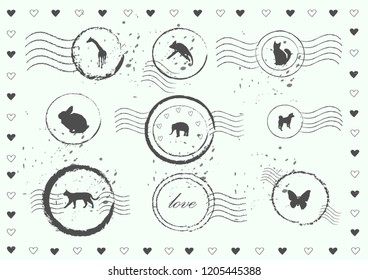 Post stamps with animals. Postcard