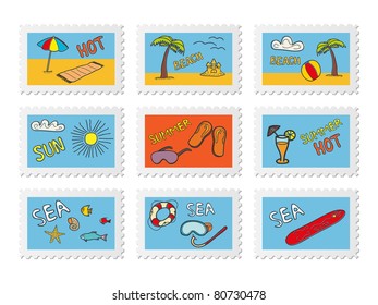 Post stamps with beach doodles. Vector illustration.