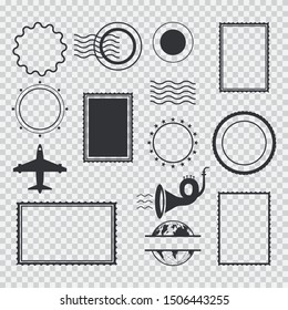 Post stamps border, frame vector template set isolated on a transparent background.