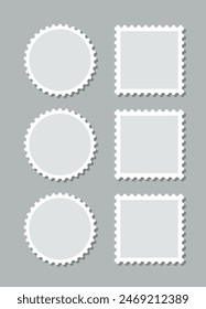 Post stamps circle and square. Postage perforated templates. Empty stamps set. Postal shapes border. Blank frames for mail letter. Collection paper postmarks isolated on background. Vector illustratio