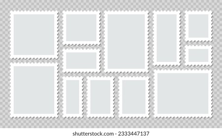 Post stamps collection. Set of empty postal stamp. Rectangular perforated labels. Collection blank borders for mail letter. Postage frames. White paper postmarks. Vector illustration.