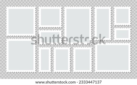 Post stamps collection. Set of empty postal stamp. Rectangular perforated labels. Collection blank borders for mail letter. Postage frames. White paper postmarks. Vector illustration.