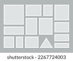 Post stamps. Empty stamps set. Postal shapes border. Blank frames for mail letter. Postage perforated templates. Collection paper postmarks isolated on background. Vector illustration. Flat design.