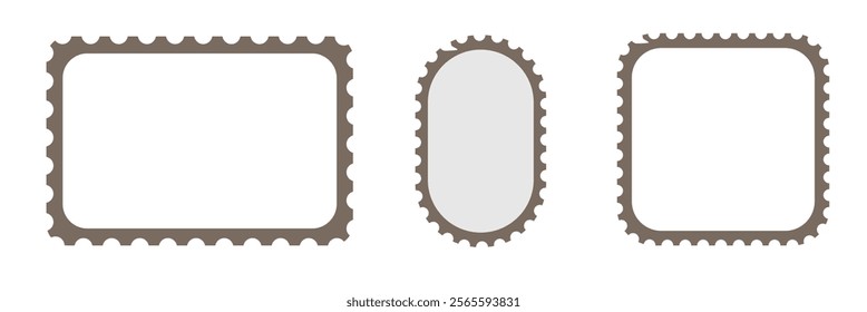 Post stamps. Empty stamps set. Postal shapes border. Blank frames for mail letter. Postage perforated templates.