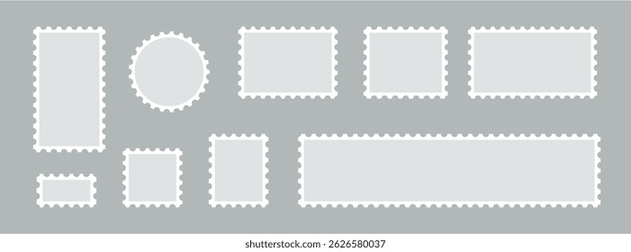 Post stamps empty set. Postal shapes Blank border for mail letter. Collection paper postmarks