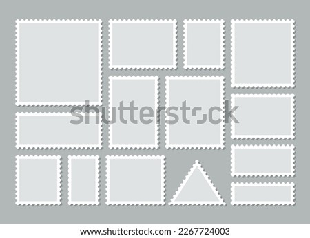 Post stamps. Empty stamps set. Postal shapes border. Blank frames for mail letter. Postage perforated templates. Collection paper postmarks isolated on background. Vector illustration. Flat design. Сток-фото © 