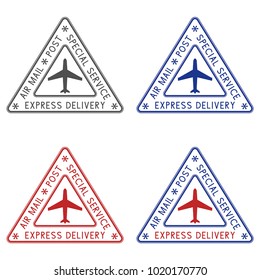 Post stamps Express delivery. Colored triangle postmarks for envelope. Vector illustration isolated on white background