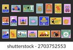 Post stamps graphic elements set. Collection of Ukraine, Canada, Greece, USA, China, India, France, Japan, UAE, Thailand, Mexico, Brazil, Italy, Norway, Australia, more countries. Vector illustration.