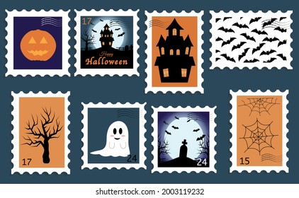 Post stamps with halloween elemenrs. Mail and post office concept.