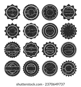 Post stamps, labels and badges. Grunge imprints and postmarks. Vintage circle postcard watermarks. Used envelope design elements. Vector illustration