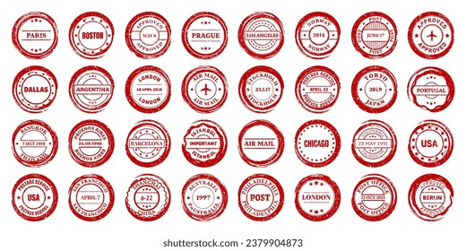 Post stamps, labels and badges. Grunge imprints and postmarks. Red vintage circle postcard watermarks. Used envelope design elements. Vector illustration