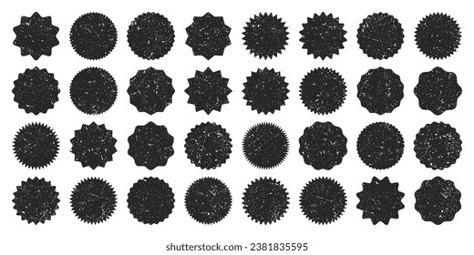 Post stamps, labels and badges. Grunge imprints and postmarks. Vintage circle postcard watermarks. Used envelope design elements. Vector illustration