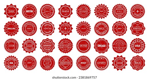 Post stamps, labels and badges. Grunge imprints and postmarks. Red vintage circle postcard watermarks. Used envelope design elements. Vector illustration