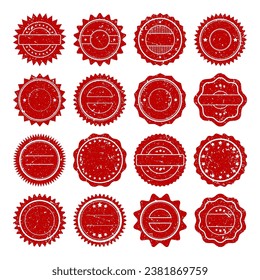 Post stamps, labels and badges. Grunge imprints and postmarks. Red vintage circle postcard watermarks. Used envelope design elements. Vector illustration